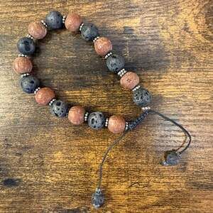 Sensei Sensation Brown Wood and Black Lava Rock Beaded Adjustable Bracelet